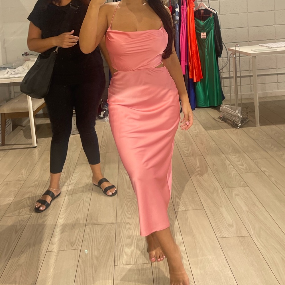Runaway the label pink midi dress with cut out detail & open back | size M